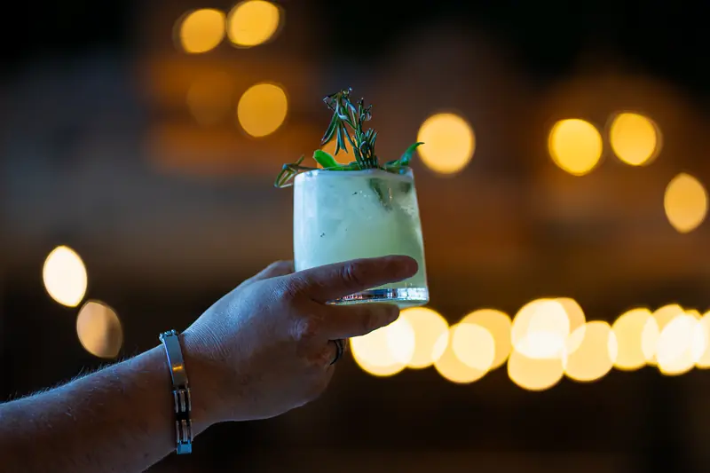 A cocktail garnished with cucumber and herbs held up against warm bar lights