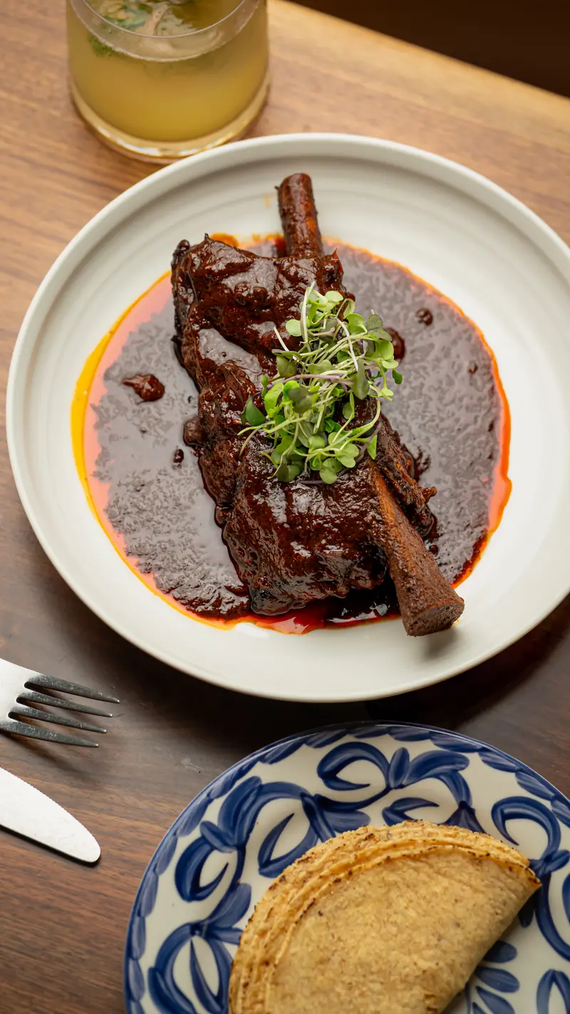 Braised beef rib in a dark sauce with microgreens